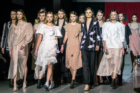 KYIV, UKRAINE - FEBRUARY 5, 2019: DARJA DONEZZ collection show during Ukrainian Fashion Week 19-20 at Mystetsky Arsenal in Kyivのeditorial素材