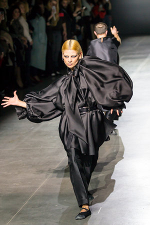 KYIV, UKRAINE - FEBRUARY 1, 2020: Gasanova collection show during Ukrainian Fashion Week FW20-21 at...