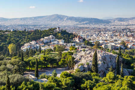 Areopagus hill and aerial view of Athens from Acropolis, Greeceの写真素材