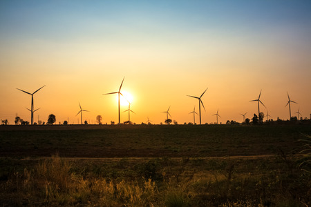 The sunset at the wind turbine farm in Thailand