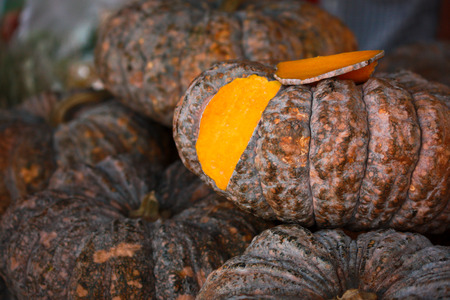 Pumpkins on the table at the market in Ayutthaya, Thailandの写真素材
