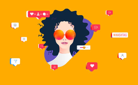 Curly girl social media concept with icons
