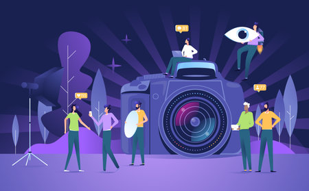 Photo Camera Social media concept group of people working togetherのイラスト素材