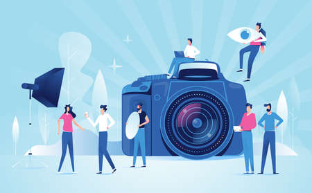 Photo Camera Social media concept group of people working togetherのイラスト素材