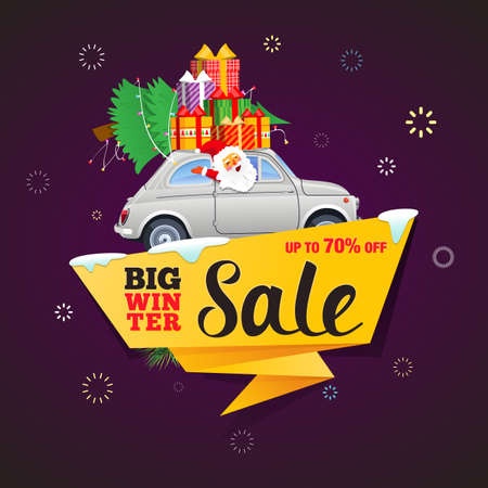 Winter Sale banner with Santa driving retro carのイラスト素材
