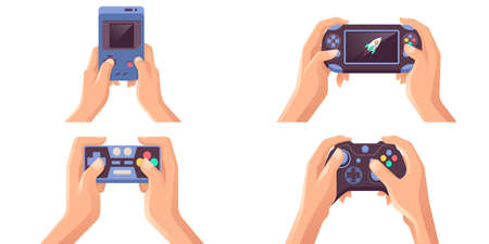 Young Man Hands Holding Video game consolesのイラスト素材