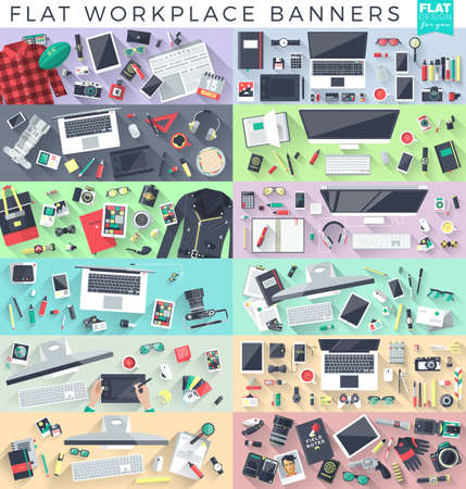 Flat workplace design bannersのイラスト素材