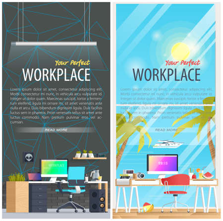 Office workplace illustration. Two Flat design banners for education, training courses, e-learning, distance training. Abstract and Geometric style. Business concept. Marketing and managementのイラスト素材