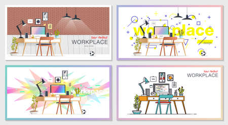 Set of office workplace interior designs. Flat business concept illustration. Vector illustrations of business brochure covers, poster design, web banners, business presentations.のイラスト素材