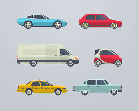 Flat cars set. Taxi and Bus, automobile and truckのイラスト素材