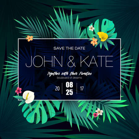 invitation card design with exotic tropical leavesのイラスト素材