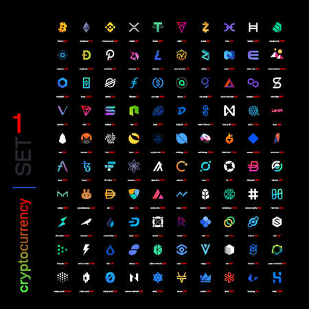 Crypto currency coins digital payment system blockchain concept. Cryptocurrency logo set collection vector illustrationのイラスト素材