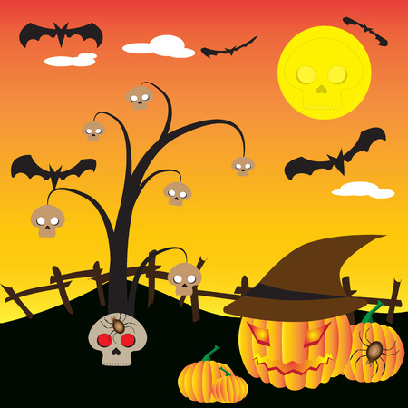 Halloween night background with skull, tree, bat and pumpkinのイラスト素材