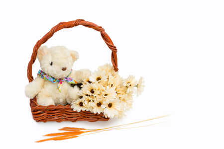 Gift basket made of rattan and put the teddy bear and blooming flowers, on white background  and Grass flower placed on floorの写真素材