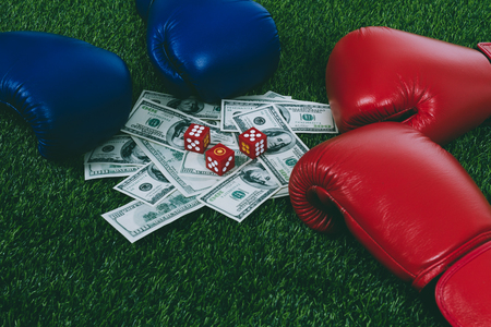Blue and red boxing gloves with three dice placed on banknote bet on grass green background, bet in sportive conceptの写真素材