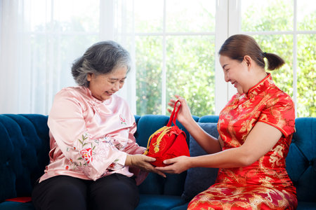 Asian young woman give a red gift bag for wish to her mother  on New Year day, They wearing traditional clothing sitting on sofa at home and smile with happy together, copy spaceの写真素材