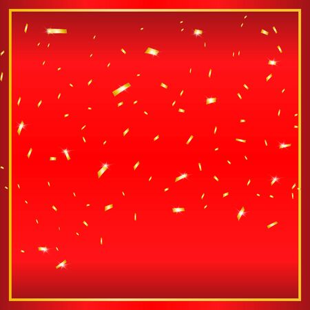 Golden frame with lights effects,Shining luxury banner vector illustration. Glow line golden frame with sparks and spotlight light effects. Shining rectangle banner, gold confetti. red backgroundのイラスト素材