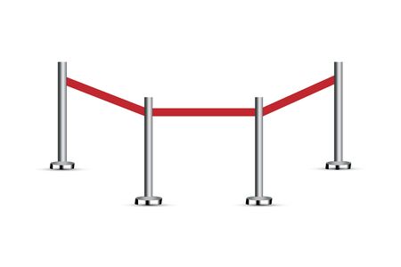 Realistic fencing for exclusive entrance or security zone. Silver barrier with red ribbon for VIP Presentation. Red rope for exhibition halls and car dealerships.のイラスト素材