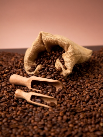 Wooden shovels full of coffee with burlap sackの写真素材