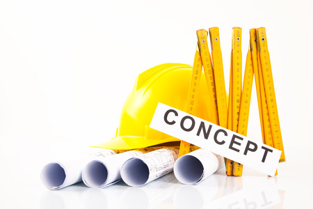 architectural project  yellow hardhat and measure の写真素材