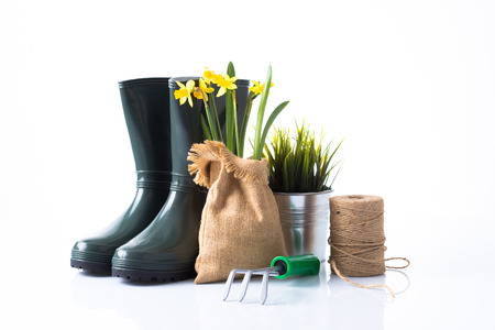 Subtle metal gardening accessories and flowers composition isolated on white