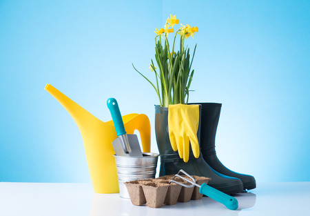 Garden equipment  boots, shovel, rake, gloves, pot  over blue backgroundの写真素材