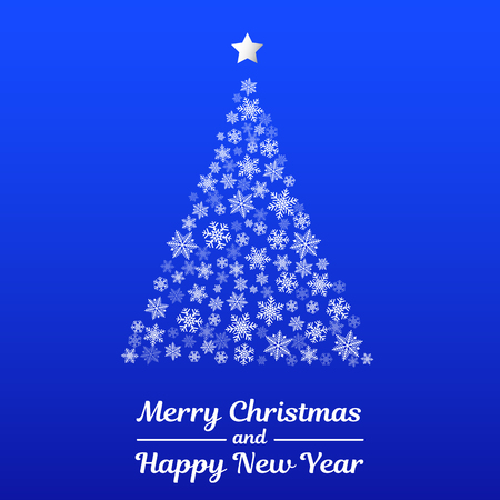 Christmas tree made of snowflakes with wishes on blue background. Vector.のイラスト素材