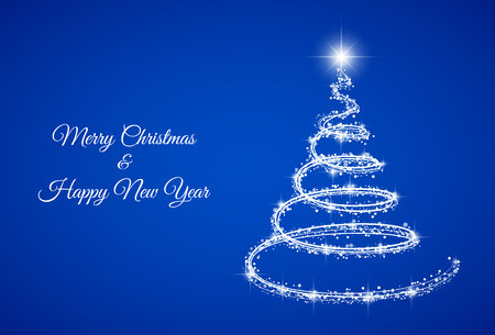 Christmas card with glossy Christmas tree on blue background. Vector.のイラスト素材