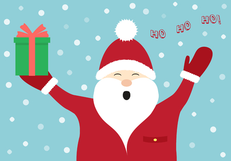 Cheering Santa Claus with gift and snowflakes on blue background. Vector.のイラスト素材