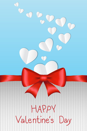 Happy Valentine's Day card with white paper hearts and shiny red ribbon. Vector illustration.のイラスト素材