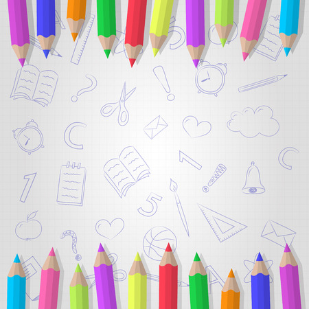 Collection of coloured pencils on paper sheet with cute doodles. Vector.のイラスト素材