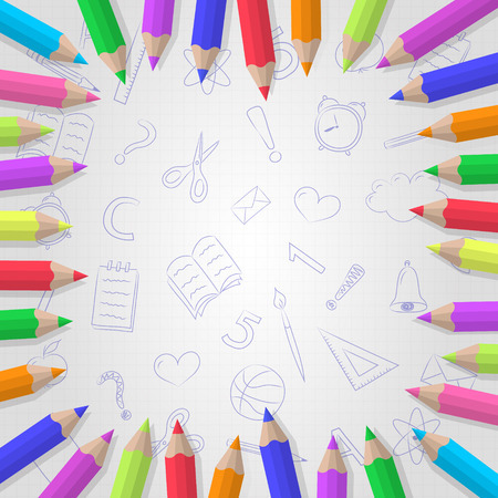 Collection of coloured pencils on paper sheet with cute doodles. Vector.のイラスト素材