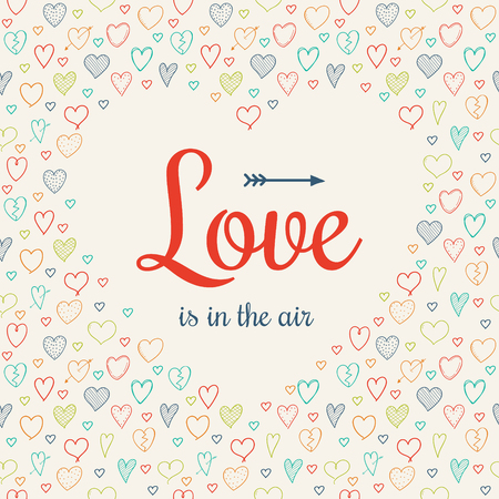 Cute card for Valentine's day with hand drawn hearts vector.のイラスト素材