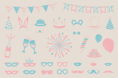 Hand drawn party icons - pastel colored set vector.のイラスト素材