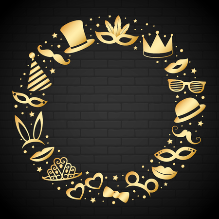 Golden poster with funny party icons. Carnival party and photo booth vector.のイラスト素材