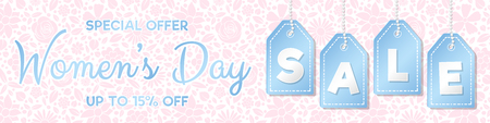 Women's Day Sale - glossy panoramic banner with floral pattern. Vector.のイラスト素材