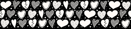 Black and white panoramic banner with cute hand drawn hearts. Vector.のイラスト素材
