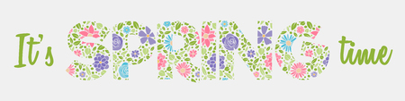 Spring is coming - colourful text with cute hand drawn flowers. Vector.のイラスト素材