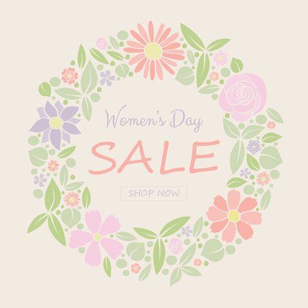 Women's Day Sale - pastel coloured poster with flowers in retro style. Vector.のイラスト素材