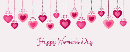 Concept of a banner with hanging paper cut hearts for Women's Day. Vector.のイラスト素材
