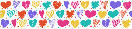 Panoramic banner with hand drawn hearts. Vector.