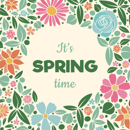 Spring is coming - flyer with colorful flowers. Vector illustration.のイラスト素材