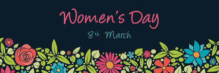 International Women's Day - design of a banner with hand drawn flowers and greetings. Vector illustration.のイラスト素材