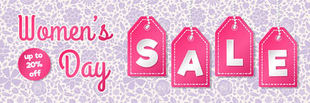 Women's Day Sale in glossy panoramic banner with floral pattern.のイラスト素材
