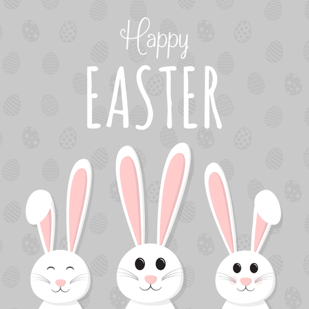 Easter, beautiful poster with greeting and happy bunny on background with decorative eggs.のイラスト素材