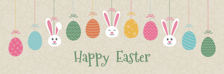 Hand drawn Easter decoration with bunnies, eggs and greetings.のイラスト素材