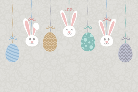Colorful Easter background with hanging bunnies and decorative eggs.のイラスト素材
