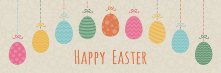 Pastel colored hand drawn Easter eggs with wishes concept of a banner.のイラスト素材