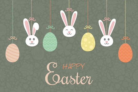 Concept of a card with hanging eggs and bunnies - Easter. Vector.のイラスト素材