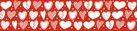 Panoramic banner with hand drawn hearts on red background. Vector.のイラスト素材